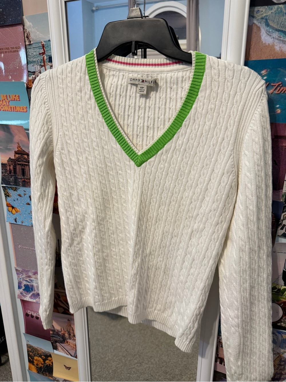 Vintage Tommy Hilfiger Cream Cable-Knit V-Neck Sweater with Green Trim